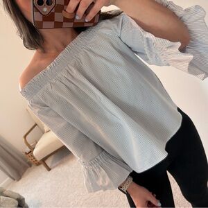 Banana Republic Off-Shoulder Blue Striped Blouse Small Petite New Without Tags